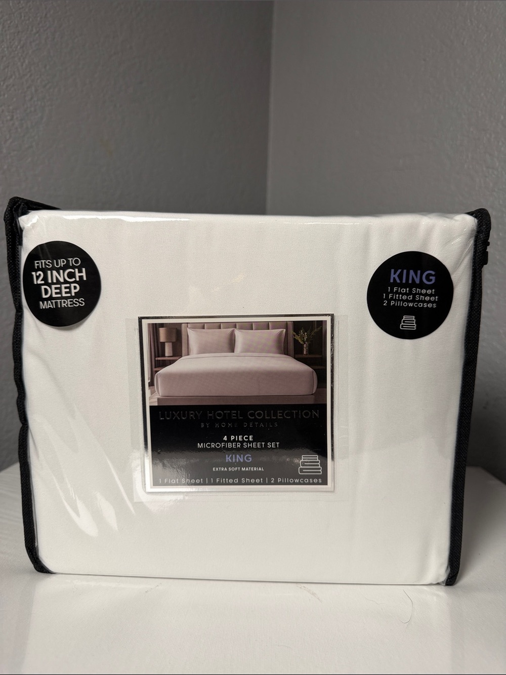Hotel Collection King Sheet Set in White with Black Trim Packaging